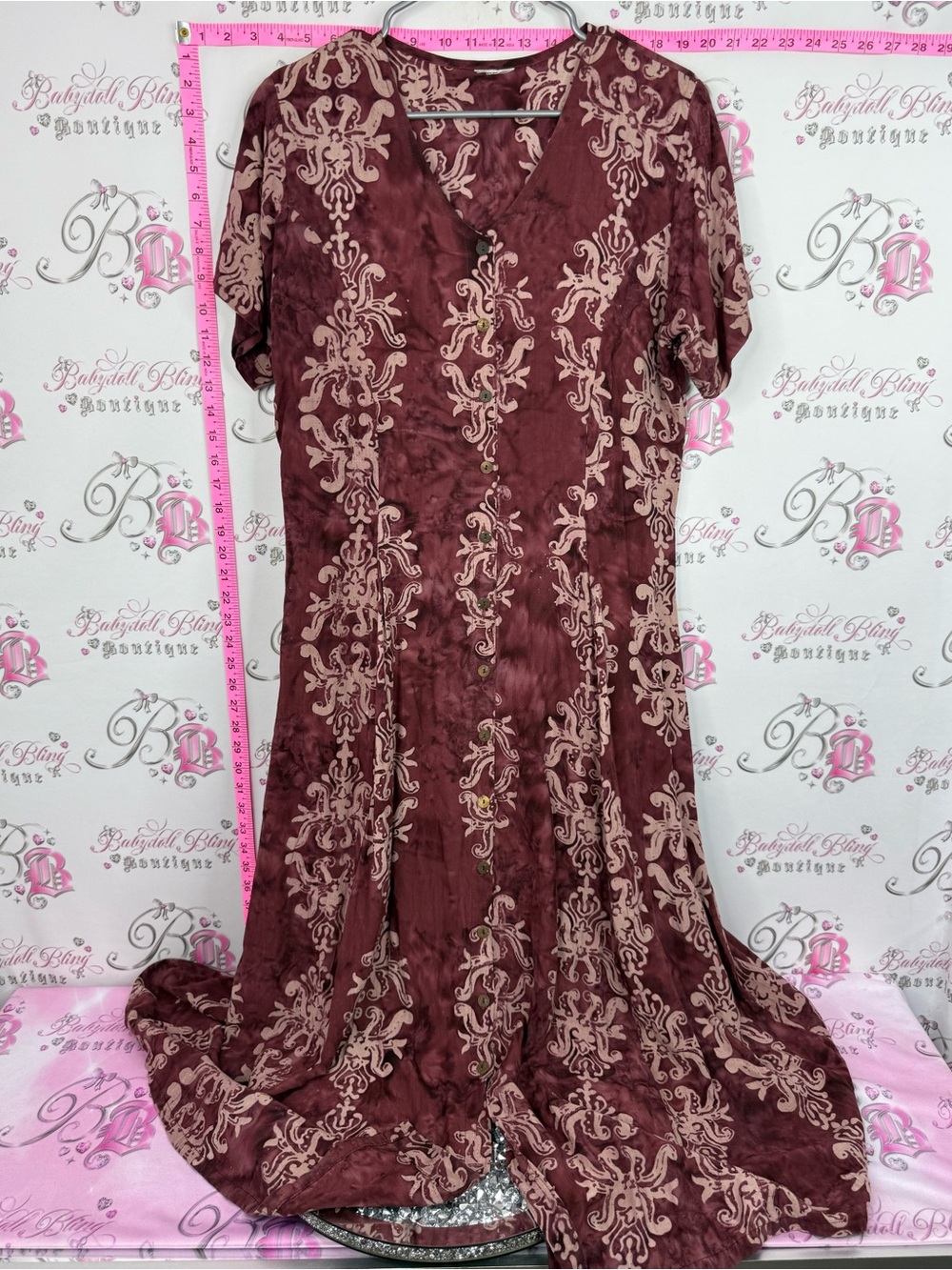 Dress button up long Vintage Women's Maroon Floral Print Dress